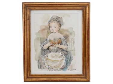 ATTR TSUGUHARU FOUJITA PORTRAIT WATERCOLOR PAINTING