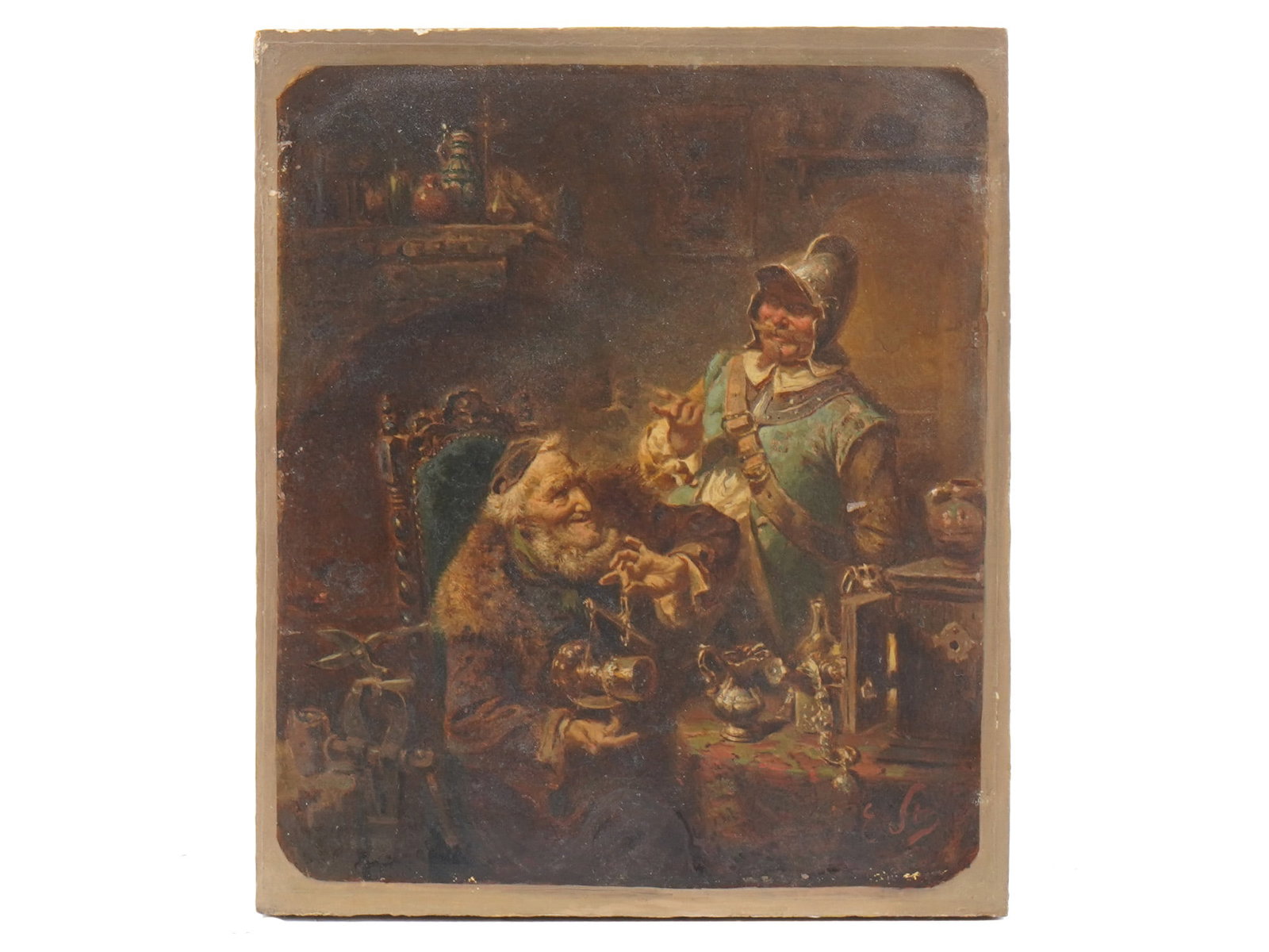 EBERHARD STAMMEL GERMAN GENRE OIL PAINTING: Oil on board painting by Eberhard Stammel, 1833 to 1906, a German artist based in Dusseldorf, student of Carl Ferdinand Sohn. The artwork depicts a Landsknecht at the pawnbrokers. Signed and dated 188