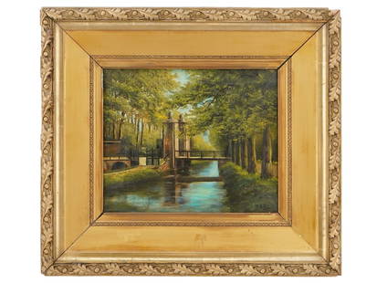 LANDSCAPE PAINTING IN STYLE OF WINSTON CHURCHILL: An oil on canvas rendered in the style of British Prime Minister Winston Churchill, 1874 to 1965, depicting a peaceful landscape scene in a park. The work is signed lower right. The painting evokes th