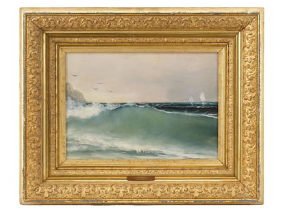 WILLIAM TROST RICHARDS AMERICAN SEASCAPE OIL PAINTING: An oil painting on board depicting a seascape with ships by William Trost Richards, American, 1833 to 1905. Framed. A gold tone plate with name plaque on the front of the frame. William Richards is kn
