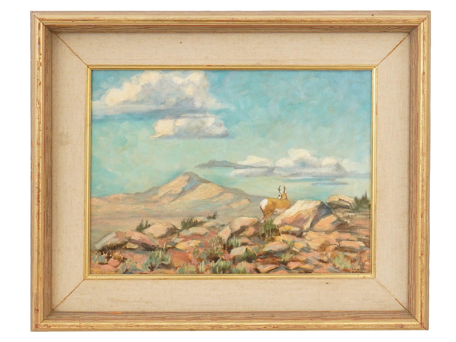 MID CENTURY AMERICAN PAINTING SIGNED HELEN PELTON: A mid-century American oil painting on board, depicting a serene landscape. Signed lower right with initials HP for Helen Pelton. Presented in a period frame. Mid Century American Paintings And Art Co