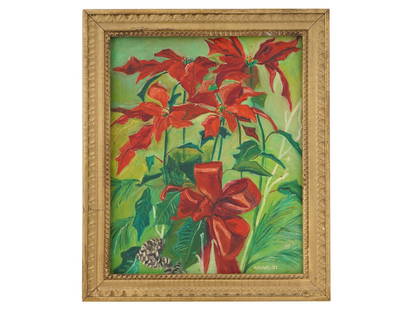 AMERICAN STILL LIFE OIL PAINTING SIGNED MARSANTE: Oil on canvas painting. American, mid-20th century. The artwork depicts poinsettia flowers. Signed by the artist, Marsante, and dated 1953 in the lower right. Framed. Collectible Fine Art And Wall Dec