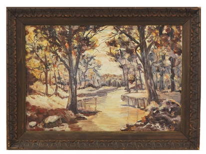 IMPRESSIONIST WINTER LANDSCAPE OIL PAINTING SIGNED: Oil on canvas painting. European, early to mid-20th century. The artwork depicts a forest stream during winter. Impressionist pictorial manner. Signed in the lower right. Framed. Collectible Fine Art.