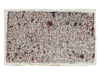 FRENCH ABSTRACT INK PAINTING SIGNED HENRI MICHAUX: An ink painting on cardboard depicting an abstract expressionist composition. Signed upper right. Stamped on the backside. Henri Michaux, French, 1899 to 1984, was a Belgian born French poet, writer a