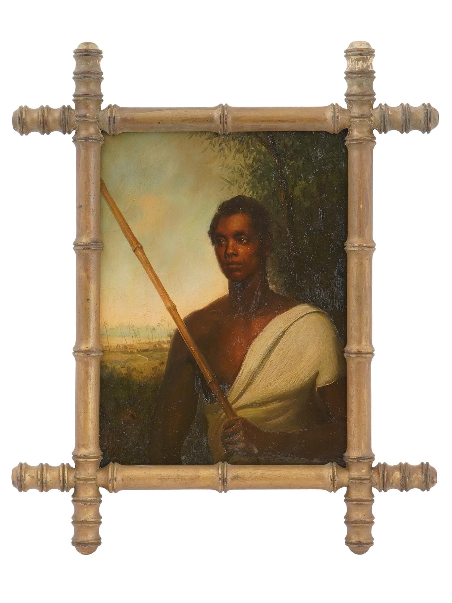 MALE PORTRAIT AMERICAN OIL PAINTING: Oil on board painting. The artwork depicts a portrait of a young black man in a landscape scenery. Titled on the backside: Portrait of Cinque, who led the mutiny of the slave ship La Amistad in 1839. 