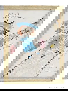 AMERICAN MIXED MEDIA PAINTING SIGNED LUDVIG BEMELMANS: A mixed media, ink and watercolor, painting on paper, Madeline, depicting a portrait of a girl in a cityscape. Signed, Bemelmans, lower right. Framed. Stamped, to Louis Berger Paris, on the backside.