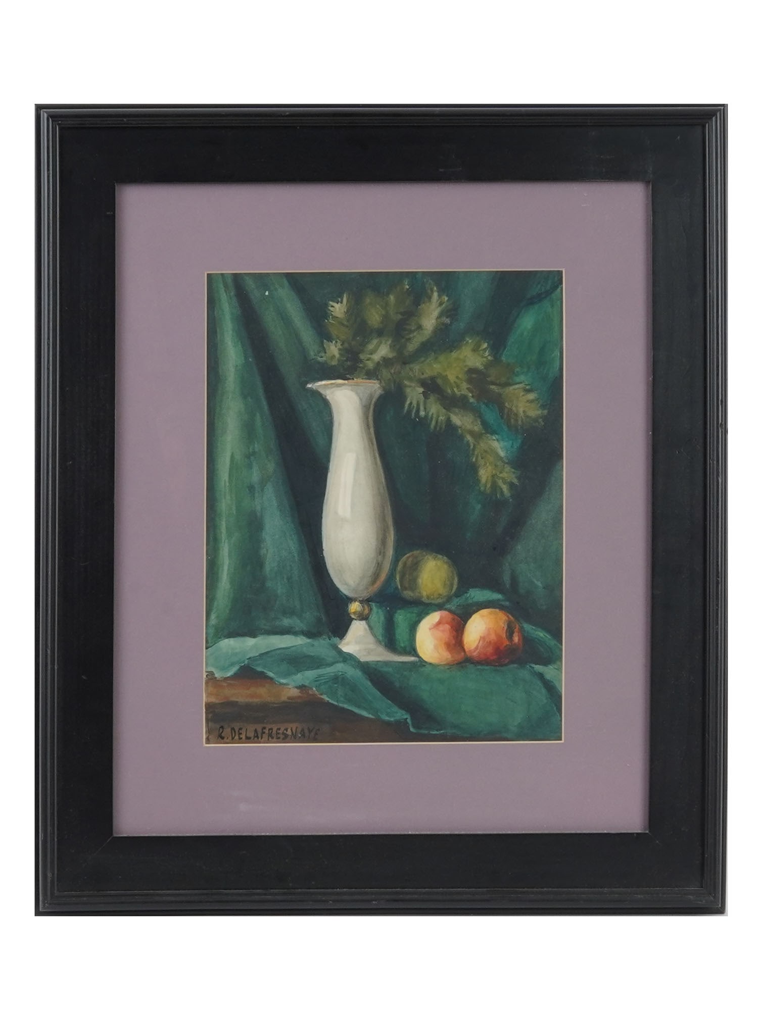 SIGNED ROGER DE LA FRESNAYE FRENCH WATERCOLOR PAINTING: A French watercolor on paper still life painting signed Roger de La Fresnaye, 1885 to 1925. The painting depicts a still life with fir branches in a tall white vase and fruits on a table against a bac