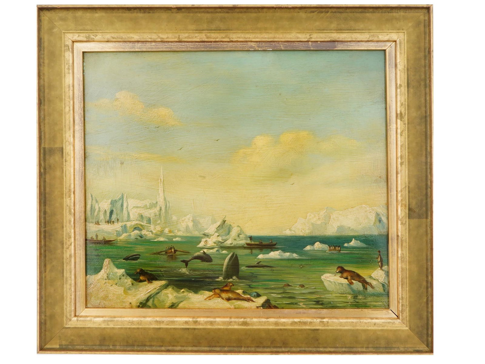 MID CENTURY AMERICAN OIL PAINTING OF ARCTIC WHALING (1 of 3)
