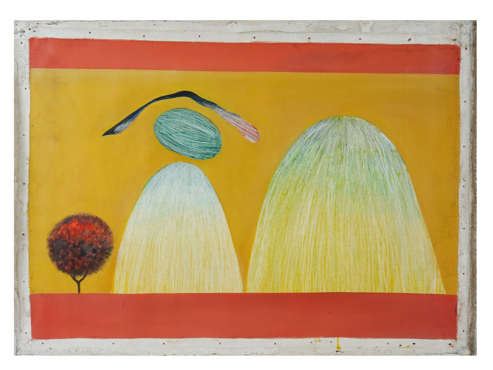 AFTER JAGDISH SWAMINATHAN INDIAN LANDSCAPE PAINTING: Oil on canvas painting. In the manner of Jagdish Swaminathan, 1928 to 1994, an Indian Modernist artist and writer who played a major role in establishment of Indian art museums such as Bharat Bhawan a