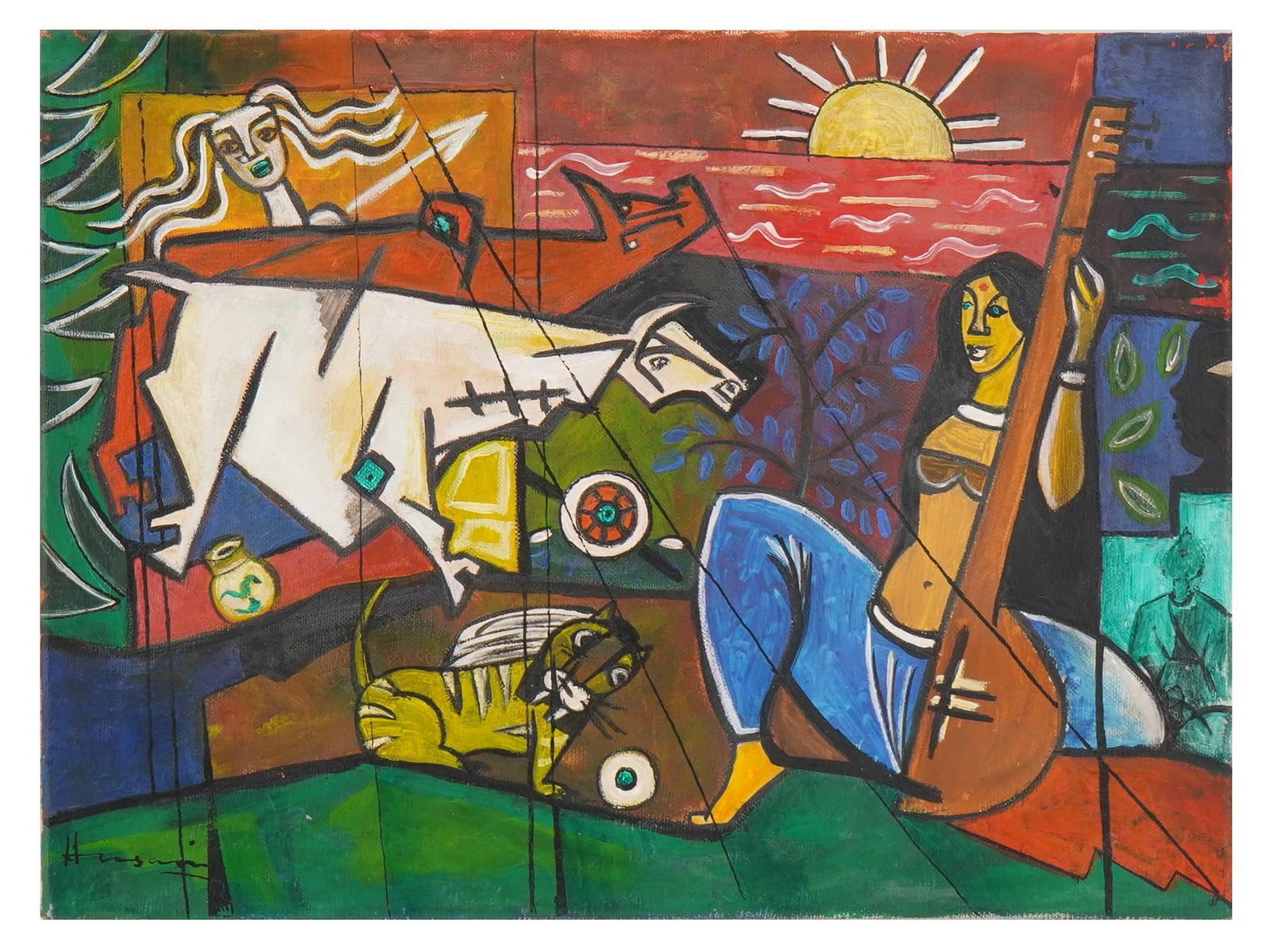 INDIAN OIL PAINTING SIGNED MAQBOOL FIDA HUSAIN (1 of 4)