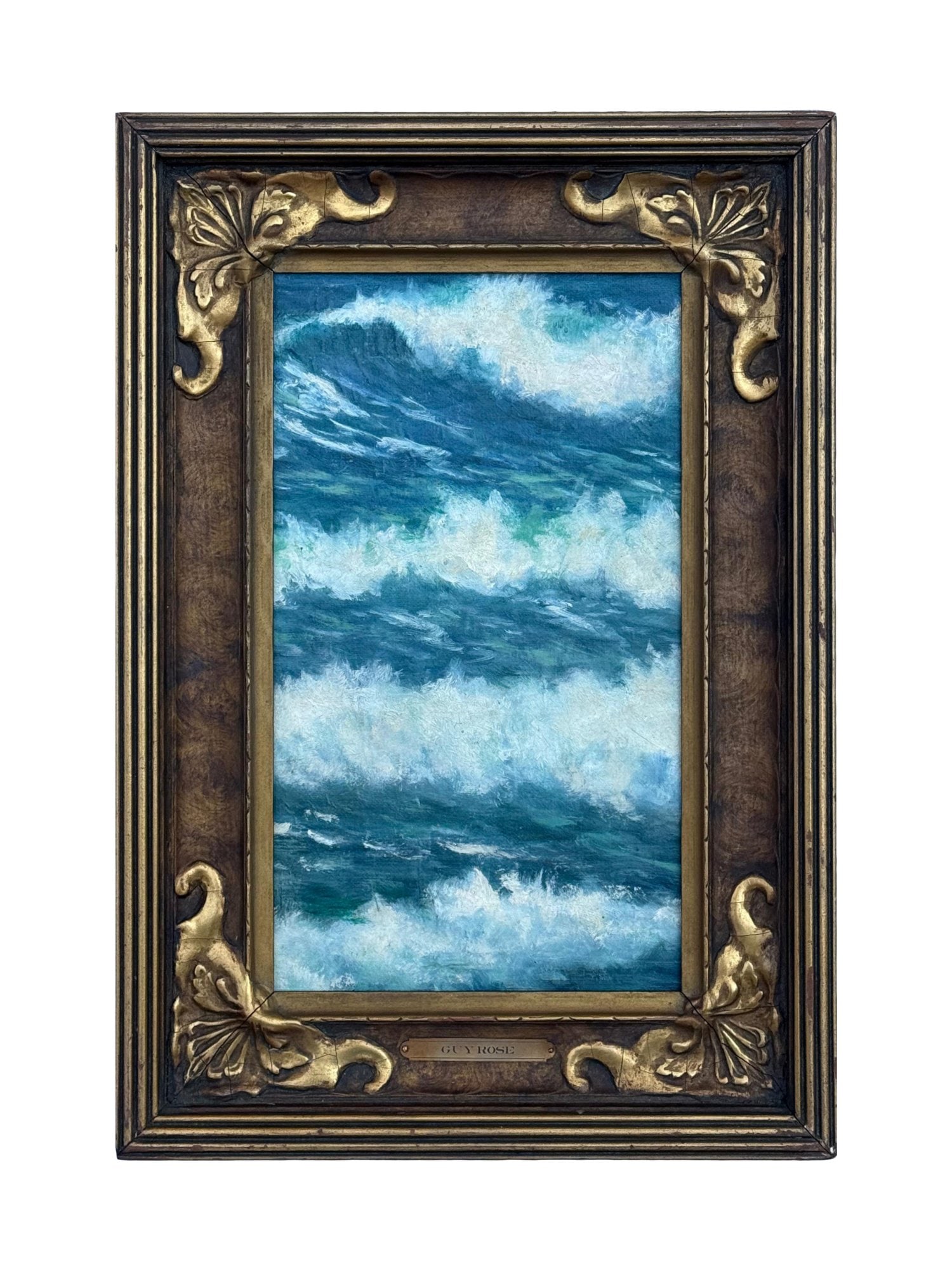 ANTIQUE AMERICAN OIL PAINTING BY GUY ORLANDO ROSE: Guy Orlando Rose, American, French, 1867 to 1925, an oil on board painting Waves. Housed in a gilt wood frame with a beaded rim and a metal name plate below. Guy Rose is known as the most important Ca