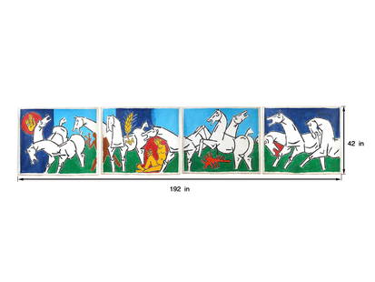 INDIAN ACRYLIC PAINTING SIGNED MAQBOOL HUSAIN: Four panels, each featuring acrylic painting on canvas depicting horses, titled Lightning. One piece is signed upper right Maqbool Fida Husain, Indian, 1915 to 2011. He was known for executing bold, v