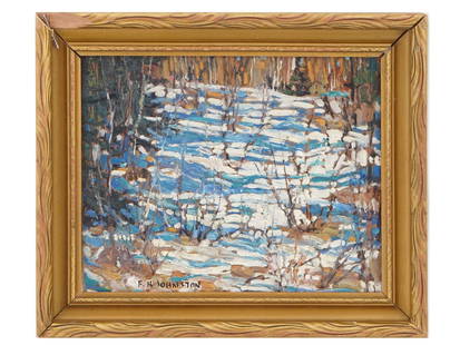 ATTR TO FRANZ HANS JOHNTON CANADIAN OIL PAINTING: Attributed to Franz Johnston, Canadian, 1888 to 1949, an oil painting on board depicting a winter landscape. Signed lower left. Framed. Circa: 1960s to 1970s. A paper label of the gallery, signed, on