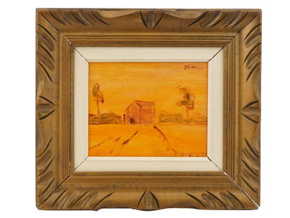 CANADIAN RURAL OIL PAINTING SIGNED BARKER FAIRLEY: An oil painting on cardboard, Hill Top Barn. Signed , Fairley, upper right. Framed. Additionally inscribed and titled, on the backside. Barker Fairley, English, Canadian, 1887 to 1986, is known for Po