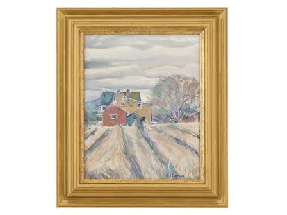 CANADIAN WATERCOLOR PAINTING SIGNED ALFRED CASSON: A watercolor painting on paper depicting a rural landscape. Signed, A.J. Casson , lower right. Framed. A paper label is on the backside. Alfred Joseph Casson, Canadian, 1898 to 1992, is known for Land