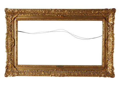 ANTIQUE GILT WOOD PICTURE FRAME W ZIEM PLAQUE: An antique gilt wood carved picture frame with lush Baroque foliate decor. Presumably of European French origin. Circa the late 19th to early 20th century. Lower in the center is a metal plaque with t