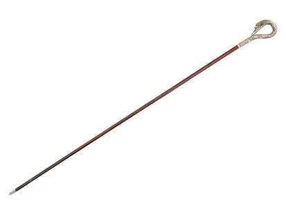 ANTIQUE BRITISH SILVER WOOD WALKING CANE SWAN HANDLE: An antique British wood walking cane with a finely detailed silver swan head handle. Marked JK and other British hallmarks on the handle. Antique Collectible Walking Sticks And Canes For Men And Women
