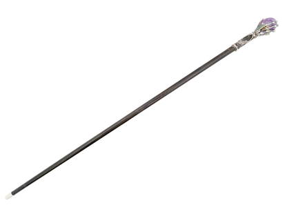 WALKING CANE W SILVER PLATED HAND HOLDING AMETHYST BALL: A walking cane with a silver plated handle features an intricately crafted hand that is holding a round amethyst stone.The shaft of the cane is made of a dark, wood. The design combines elegance and a