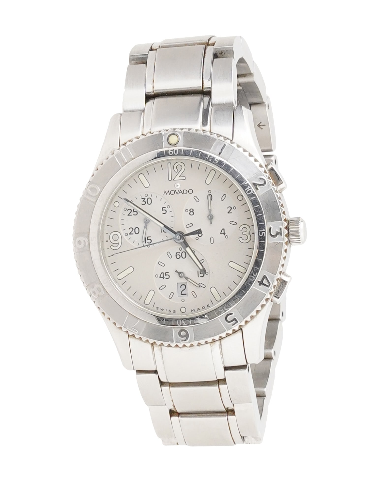 VINTAGE MOVADO COMMERCE ROOT MENS CASUAL WRISTWATCH: A vintage Movado Commerce Root mens casual wristwatch, featuring a stainless steel case and matching stainless steel bracelet. This Swiss-made quartz timepiece offers chronograph functionality with a