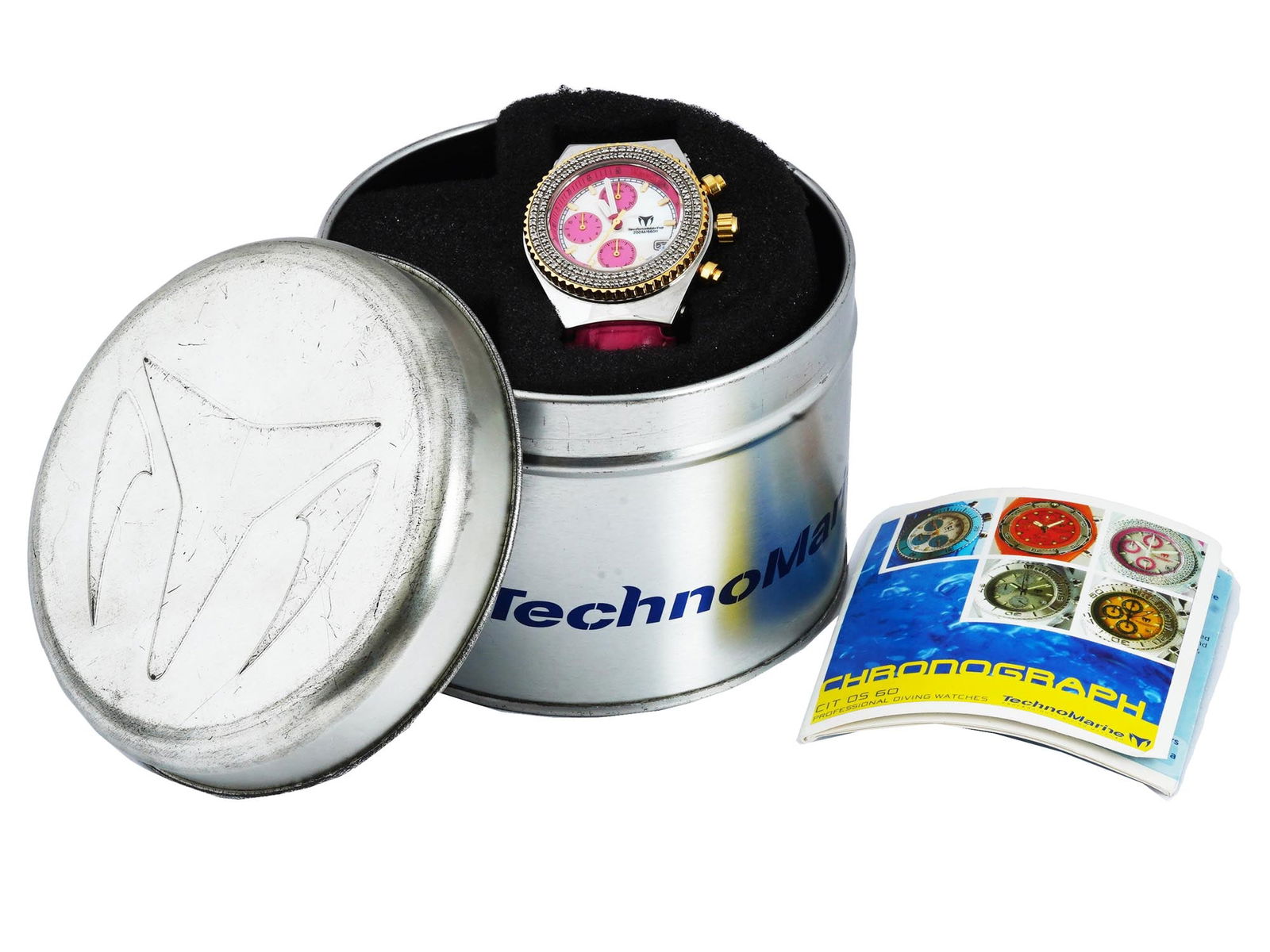 TECHNOMARINE WOMENS CHRONOGRAPH WRISTWATCH IOB: A vintage womens stainless steel chronograph wristwatch by TechnoMarine. Millenium Special Edition, Cruise CG7, model CIT 05 60. The bezel is set with two rows of diamonds. Three gilt crowns. Mother-o