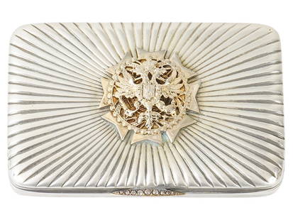 RUSSIAN SILVER PILL BOX W DIAMONDS AND OTHER GEMSTONES: A Russian 88 Silver pill box. The exterior of the box is made in a ribbed design, and adorned with a raised Imperial double headed eagle, on the lid, and an overlay lira design, encrusted with Diamond