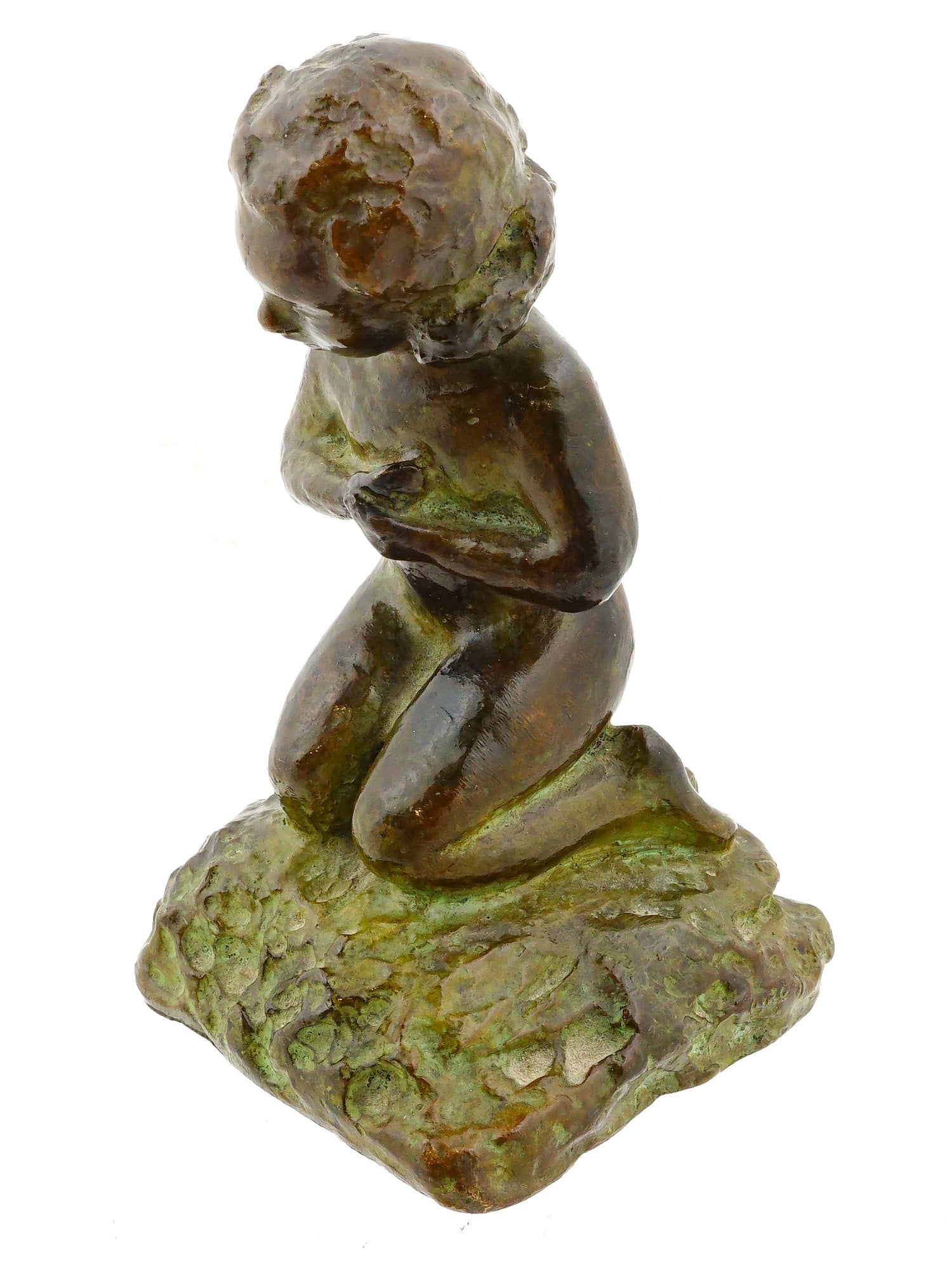 ANTIQUE FRENCH BRONZE SCULPTURE BY SUSSE FRERES: An antique French patinated bronze sculpture by Susse Freres. The sculpture depicts a little girl sitting on her knees, pressing her hands to her chest. Marked and signed on the back side. The Susse F