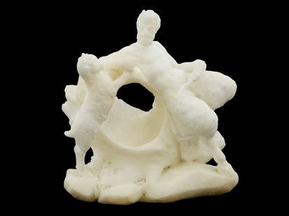 ANTIQUE 19 C GRAND TOUR ROMAN STYLE ALABASTER GROUP: An antique Grand Tour era alabaster sculpture in Roman style. The piece represents a faun with sheep. Grand Tour was the 17th to early 19th-century custom of a traditional trip through Europe, with It