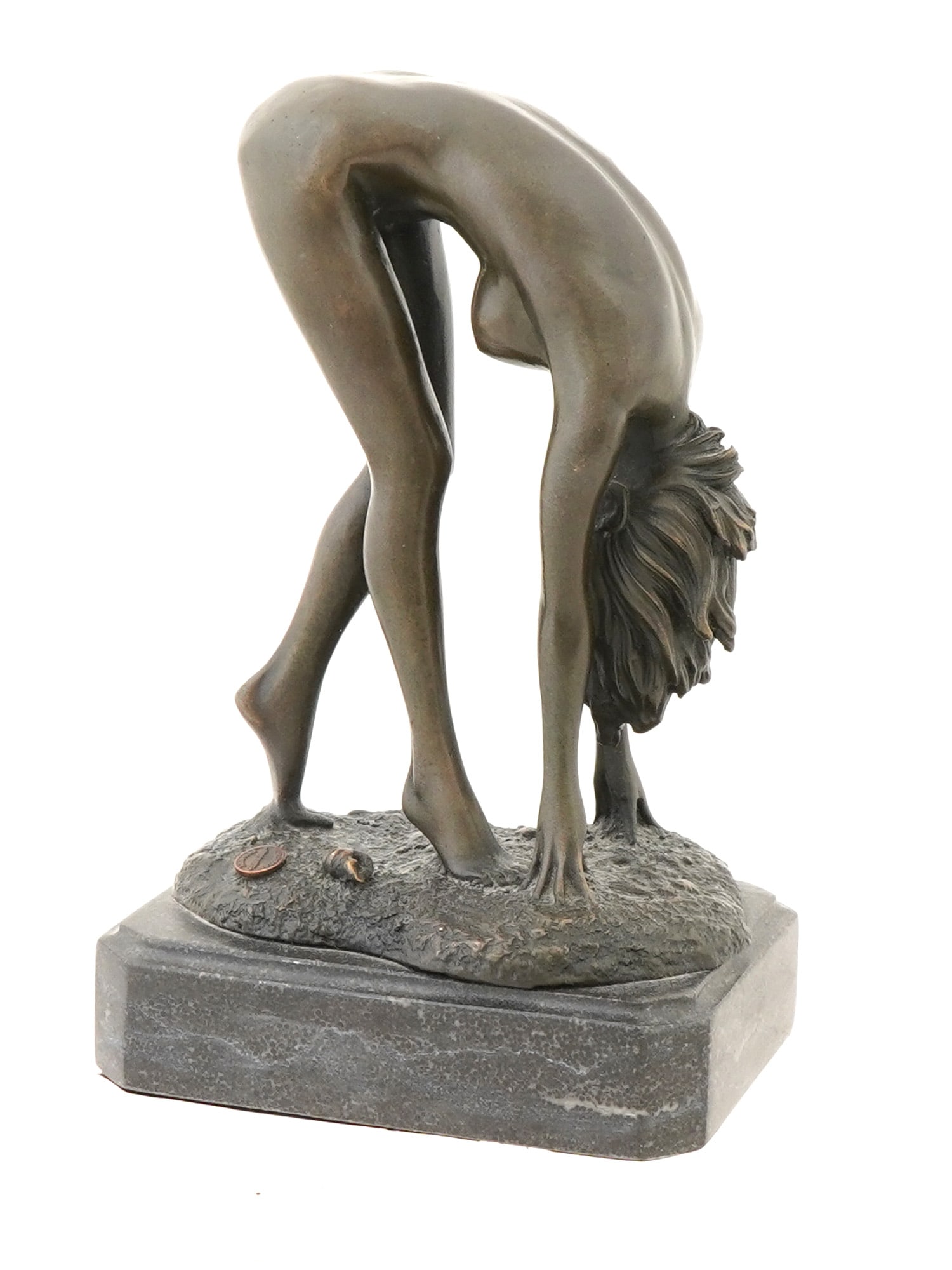 ALDO VITALEH MANNER ART DECO NUDE BRONZE SCULPTURE: An Aldo Vitaleh Italian Art Deco manner patinated bronze sculpture depicting a leaning nude woman figure. Mounted on a base featuring a figural seashell. Signed with casting. Mounted on a marble stand