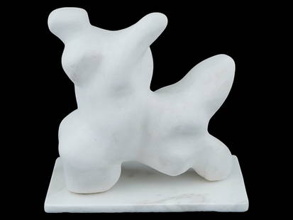 ATTR TO HENRY SPENCER MOORE ENGLISH PLASTER STATUE: Attributed to Henry Spencer Moore, English, 1898 to 1986, a plaster statue mounted on a marble base. Henry Spencer Moore is best known for his semi-abstract monumental bronze sculptures which are loca