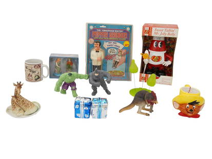 LOT OF CERAMIC SALT PEPPER SHAKERS SETS MUGS TOYS: A collection of assorted glazed ceramic salt and pepper shakers sets, mugs and toys. The ware are made in various designs including Obnoxious Waiter Talking Pepper Mill Grinder; Applause Speedy Gonzal