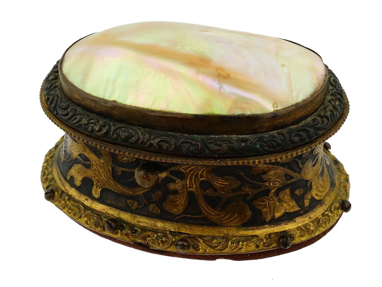 ANTIQUE GILT BRASS AND MOTHER OF PEARL TRINKET BOX (1 of 9)