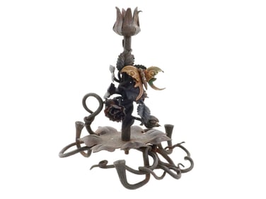 VINTAGE WROUGHT IRON CANDLESTICK W ROSES AND BUTTERFLY