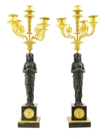 PAIR OF ANTIQUE 19TH C FRENCH EGYPT REVIVAL CANDELABRAS
