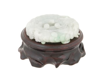 BURMESE CARVED NATURAL JADE BI DISC W WOOD STAND