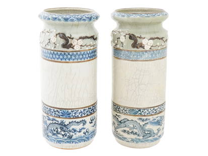ANTIQUE CHINESE PORCELAIN CRAQUELURE VASES CA 19THC: A pair of antique Chinese porcelain craquelure vases. Circa early 19th century. Vases in a single design in soft white
