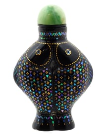 ANTIQUE CHINESE LAC BURGAUTE GOLD PEARL SNUFF BOTTLE