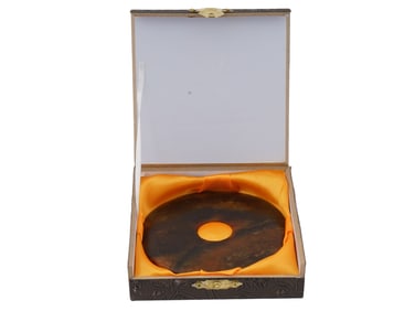 CHINESE CARVED JADE STONE BI DISC AMULET IN BOX