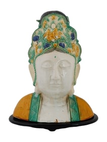 CHINESE TANG MANNER GLAZED POTTERY BUST OF GUANYIN