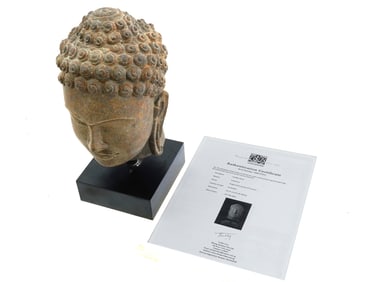 ANCIENT 8TH C GREYSTONE BUDDHA HEAD SCULPTURE W COA