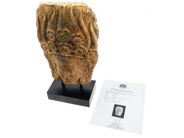 ANCIENT 12TH C SANDSTONE HEAD OF APSARA SCULPTURE W COA