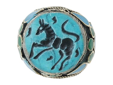 ANCIENT PERSIAN CARVED TURQUOISE STONE SEAL RING