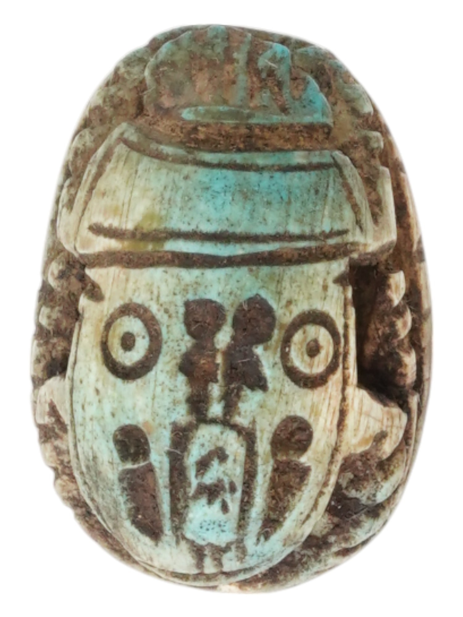 ANCIENT EGYPTIAN HAND CARVED STONE SCARAB 663 TO 525 BC: An ancient Egyptian 26th dynasty hand carved stone scarab, holding immense historical and religious significance. Circa 663 to 525 BC. Adorned with an engraved image on the top. Scarabs were symbolic 