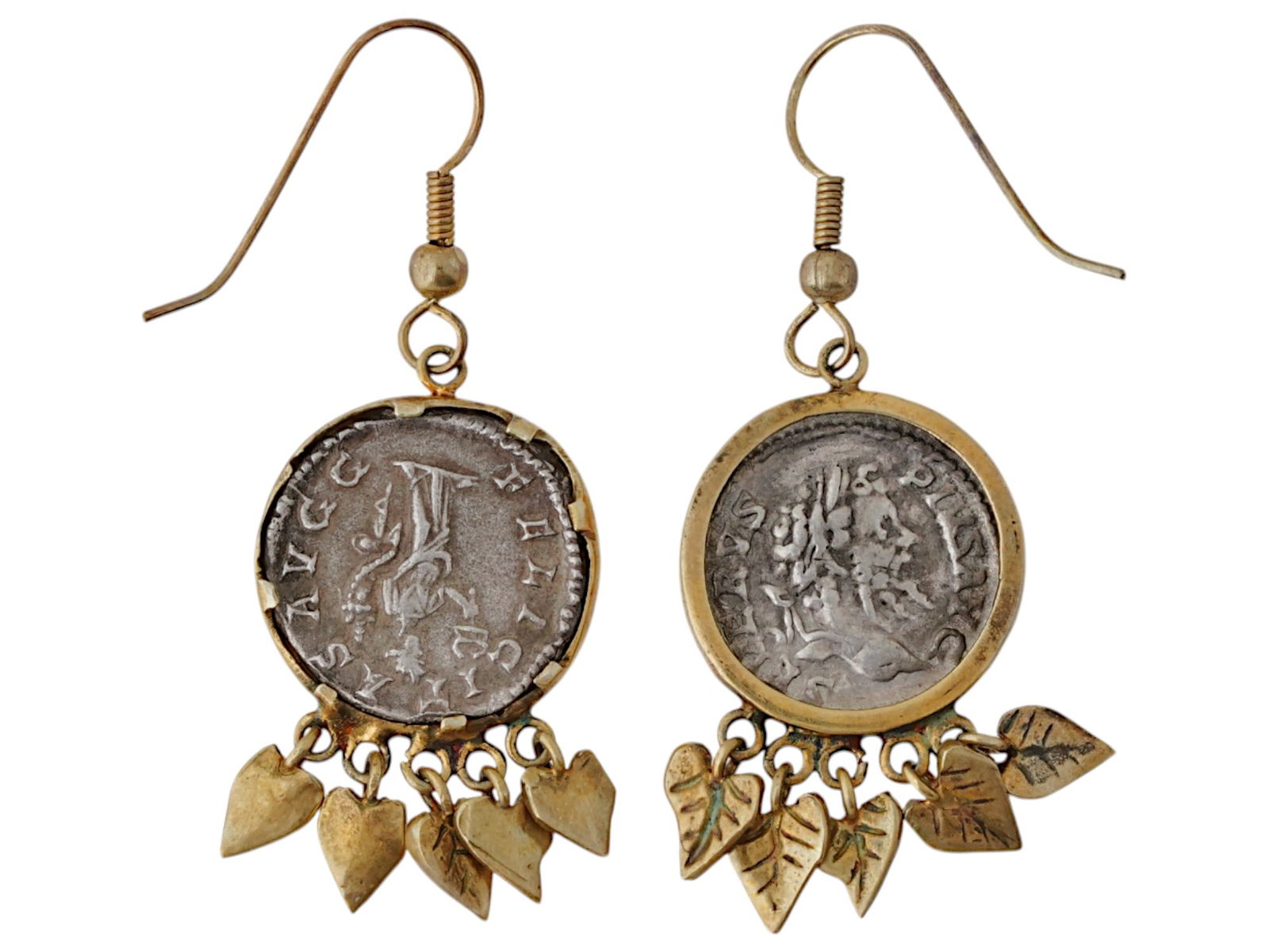 PAIR OF ANCIENT ROMAN COIN EARRINGS WITH LEAF DANGLES: A pair of ancient Roman denarii coins mounted as earrings, expertly combining historical authenticity with modern craftsmanship. Each earring features a genuine Roman coin dated circa 190 to 200 AD, s