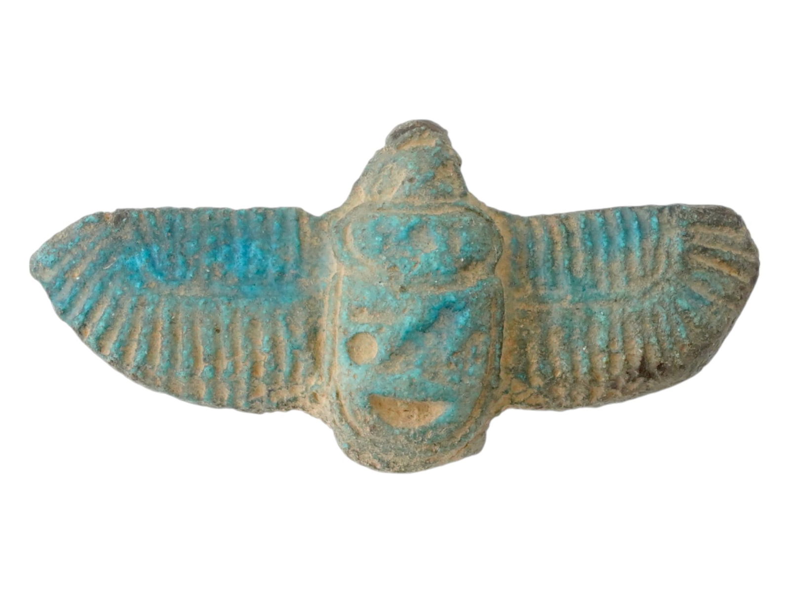 ANCIENT EGYPTIAN LATE PERIOD FAIENCE SCARAB FIGURE: An Ancient Egyptian blue-glazed faience sculpture of a winged scarab. Late Period, 26th Dynasty to Ptolemaic Egypt, ca. 700 to 300 BC. In Egyptian mythology, scarabs symbolize rebirth or regeneration.
