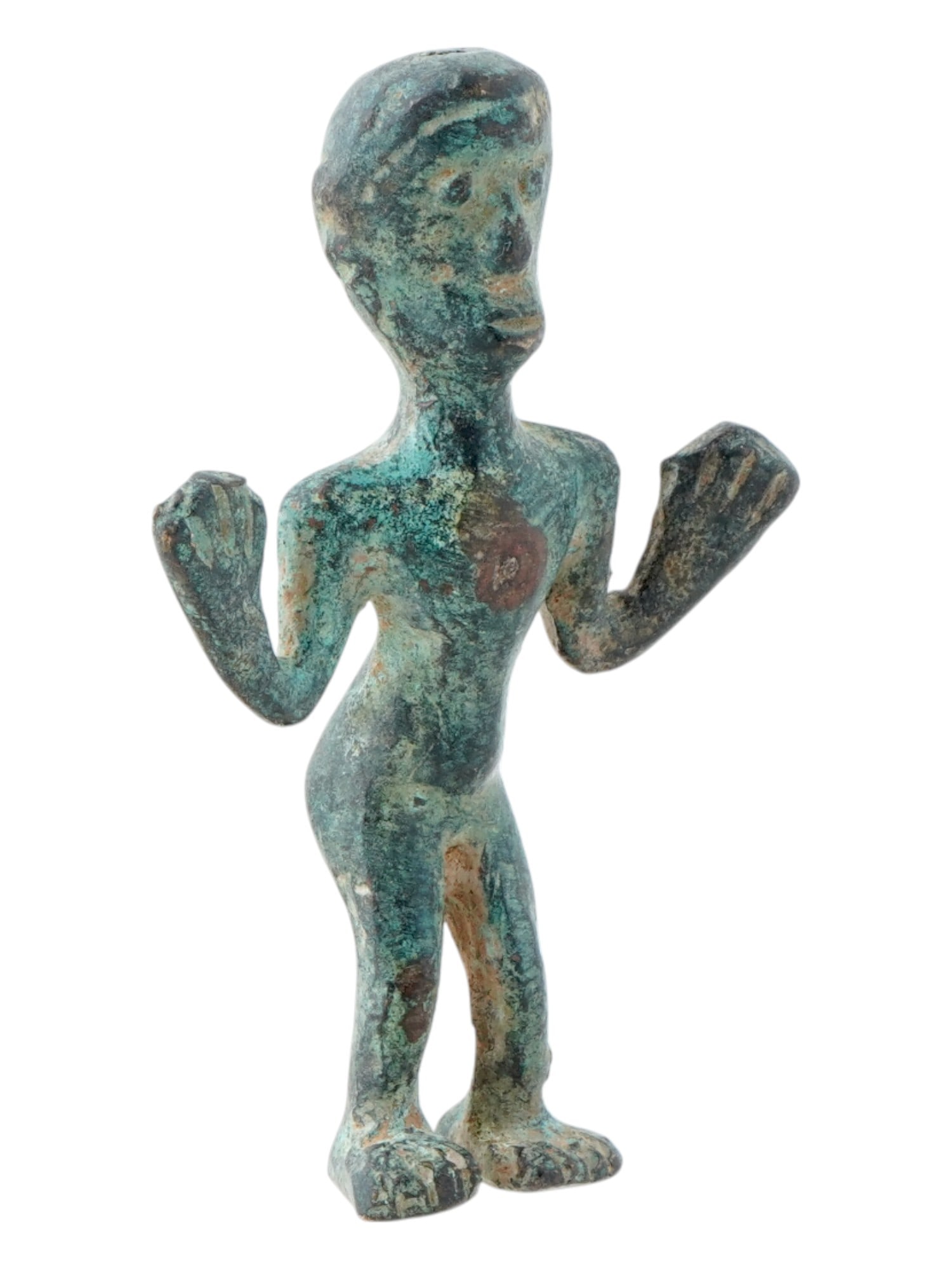 1200 BC ANCIENT MESOPOTAMIAN BRONZE NUDE MALE FIGURE: An ancient Mesopotamian bronze figure. The figure depicts a nude man with raised hands. The figure is engraved with facial features. Circa: 1200 BC. Ancient Mesopotamian Bronze Figures, Statues, Sculp