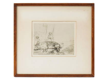 EUROPEAN GENRE SCENE ENGRAVING AFTER REMBRANDT: An engraving on paper, The Hog, after the original etching, 1643, by Rembrandt. Signed and dated in the print, lower right. Framed. Inscribed, Stampe del Rembrandt Alinari Italy, on the backside. Repr