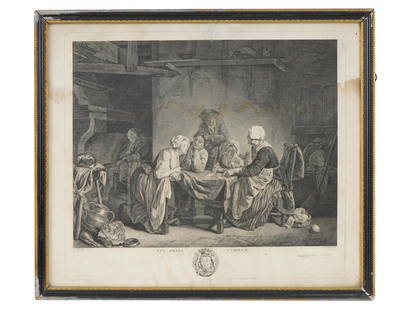 ANTIQUE FRENCH ETCHING BY JEAN-CHARLES LE VASSEUR: Etching on paper. French, late 18th century. Genre scene in the tavern, an old fortune teller puts the fate of lovers on the cards. Titled Les Amants Curieux, The Curious Lovers. Artwork by Etienne Au