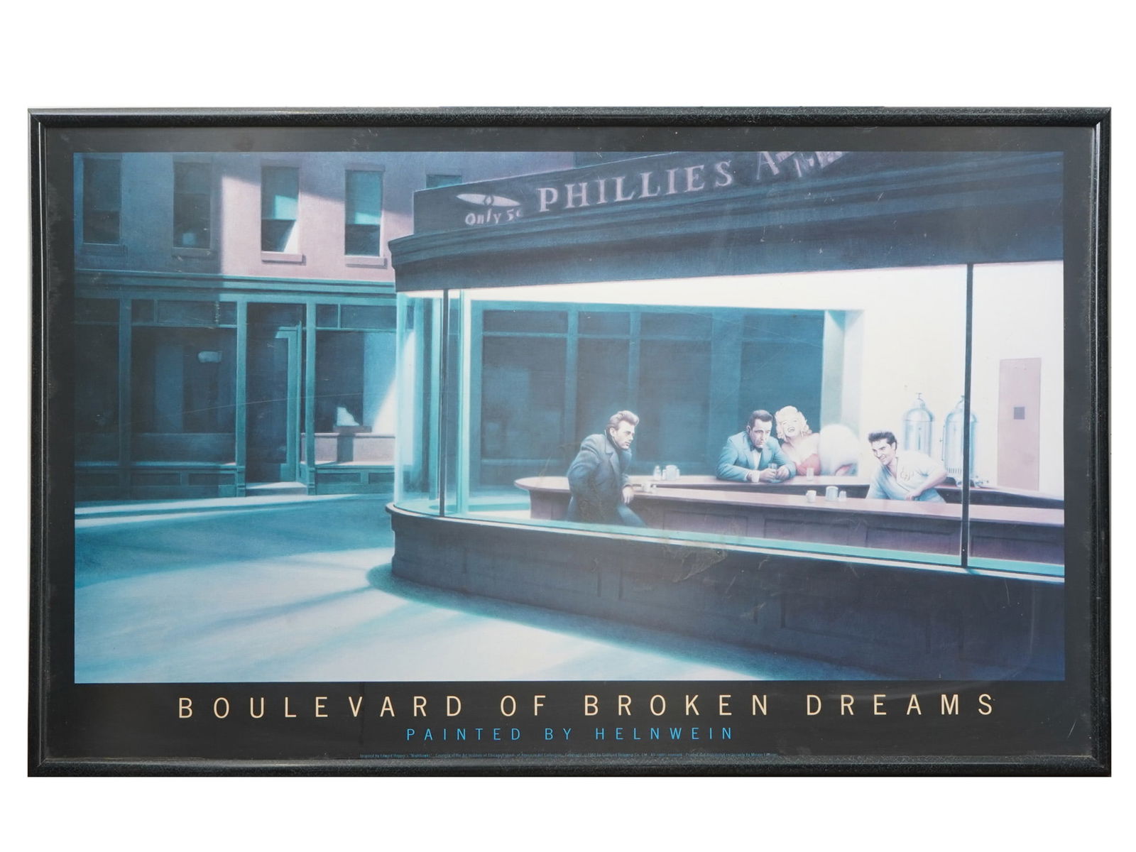 VINTAGE POSTER BOULEVARD OF BROKEN DREAMS BY HELNWEIN: A vintage American poster titled Boulevard of Broken Dreams. The poster depicts a painting of Gottfried Helnwein who is reworked Edward Hoppers famous painting of Nighthawks. Featuring four people ins