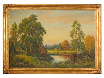ANTIQUE AMERICAN SCHOOL OIL PAINTING BY S GILBERT: An antique American School oil on canvas landscape painting by S. Gilbert. Circa the first half of the 20th century. The painting depicts a summer forest landscape with a river in the center of the co