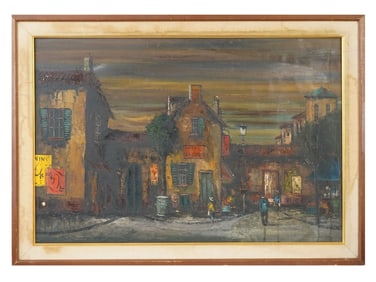 VINTAGE MID CENT OIL ON CANVAS CITYSCAPE PAINTING